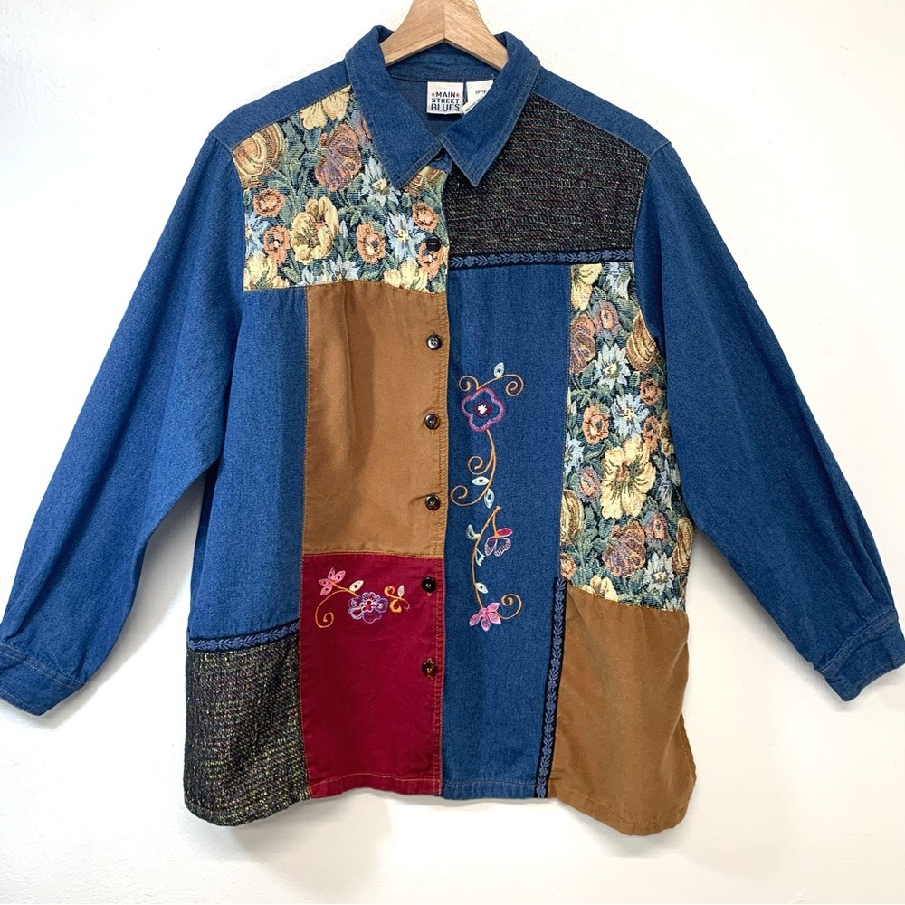 Main Street Blues Denim Shirt Woman 18WP Patch Work Button Up Embroidery Country
